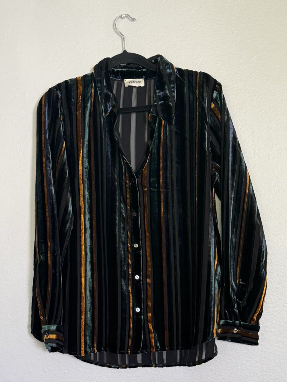 L'AGENCE Laurent Velvet Stripe Blouse Large Black Green Gold Sheer Burnout Shirt